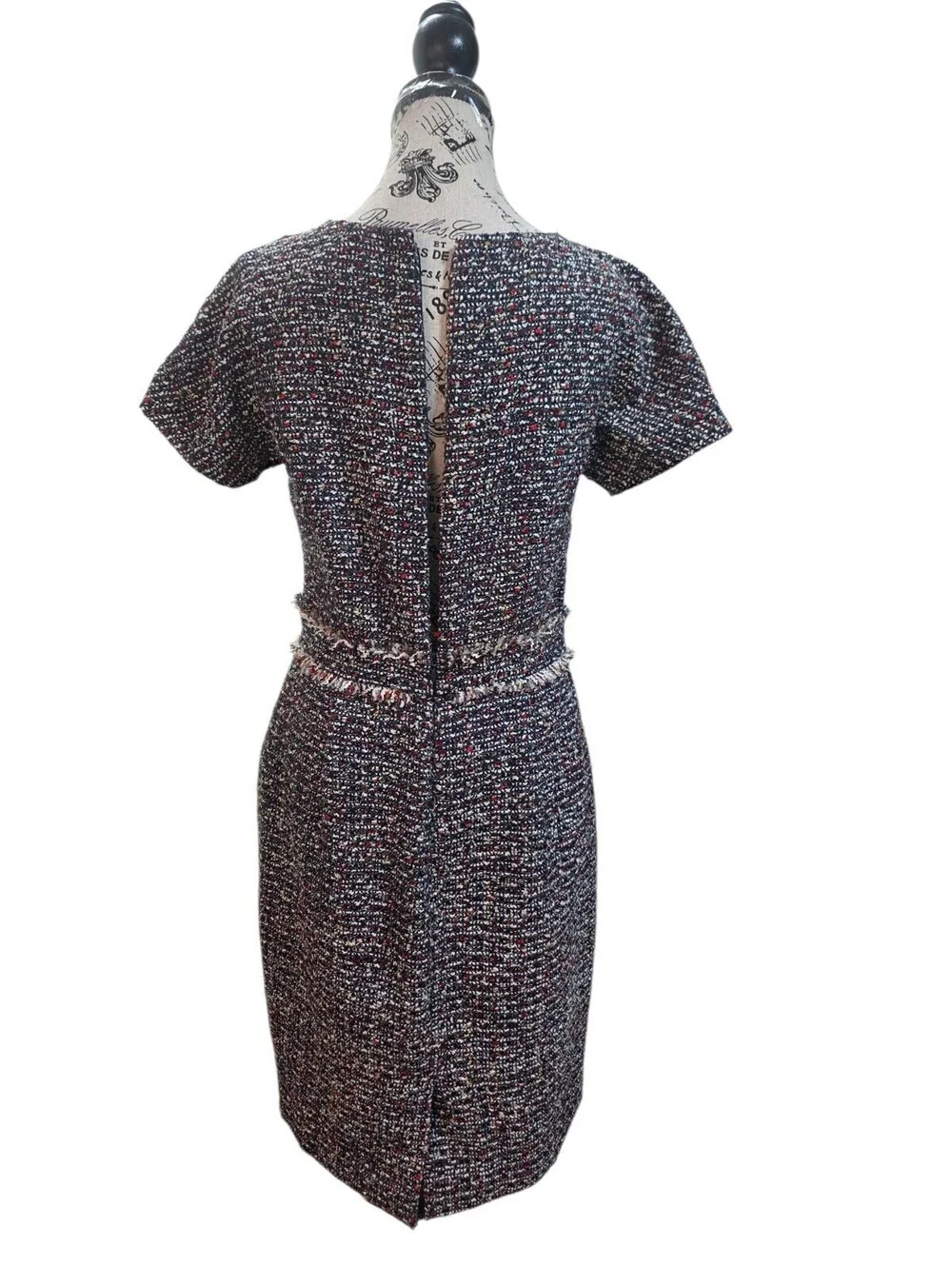J.Crew Size 8 Tweed Sheath Dress Metallic Fringed Waist Short Sleeve Old Money
